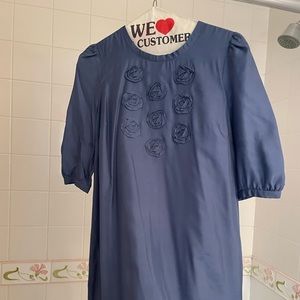 See by Chloe blue silk dress with 3/4 sleeves, pockets, and flower appliqués